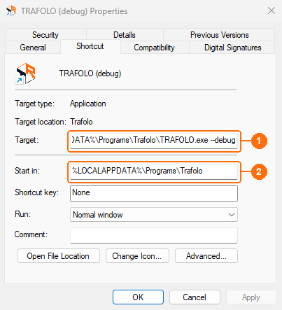Properties of a shortcut named TRAFOLO (debug) with debug at the end of Target and the installation folder in Start in
