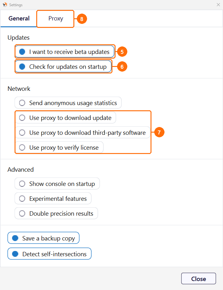 Settings window, General tab, with the update and proxy options