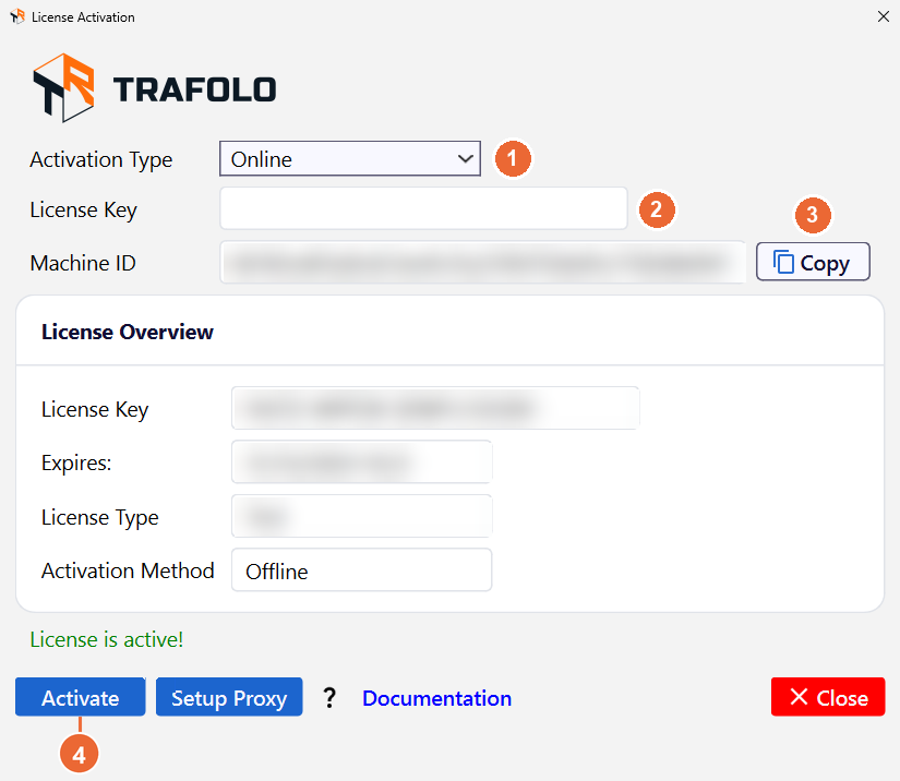 License Activation window with Activation Type Online, an empty License Key field, the Machine ID Copy button and the Activate button