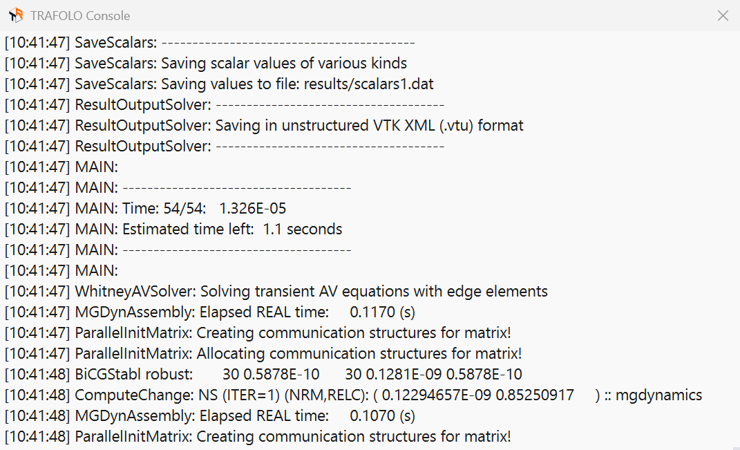 TRAFOLO Console during a run with solver output