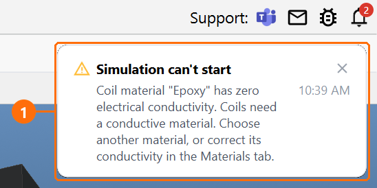 Notification Simulation can't start below the bell, saying that coil material Epoxy has zero electrical conductivity
