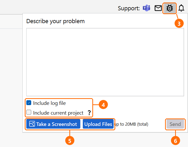 Report a Bug panel under the bug icon with the log and project options and the Send button