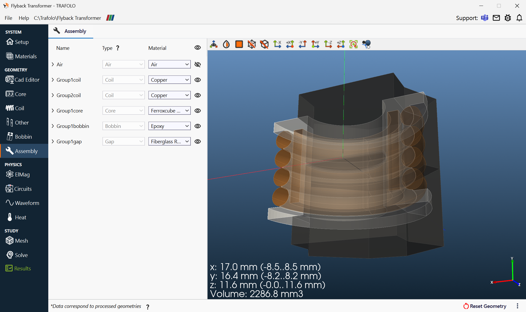 Flyback Transformer template on the Assembly tab with an angled 3D view of core, bobbin and windings