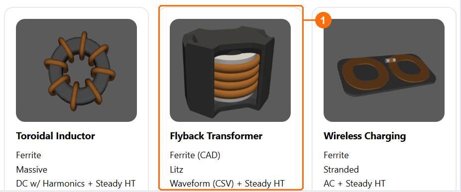 Example cards Toroidal Inductor, Flyback Transformer and Wireless Charging with the Flyback Transformer card marked