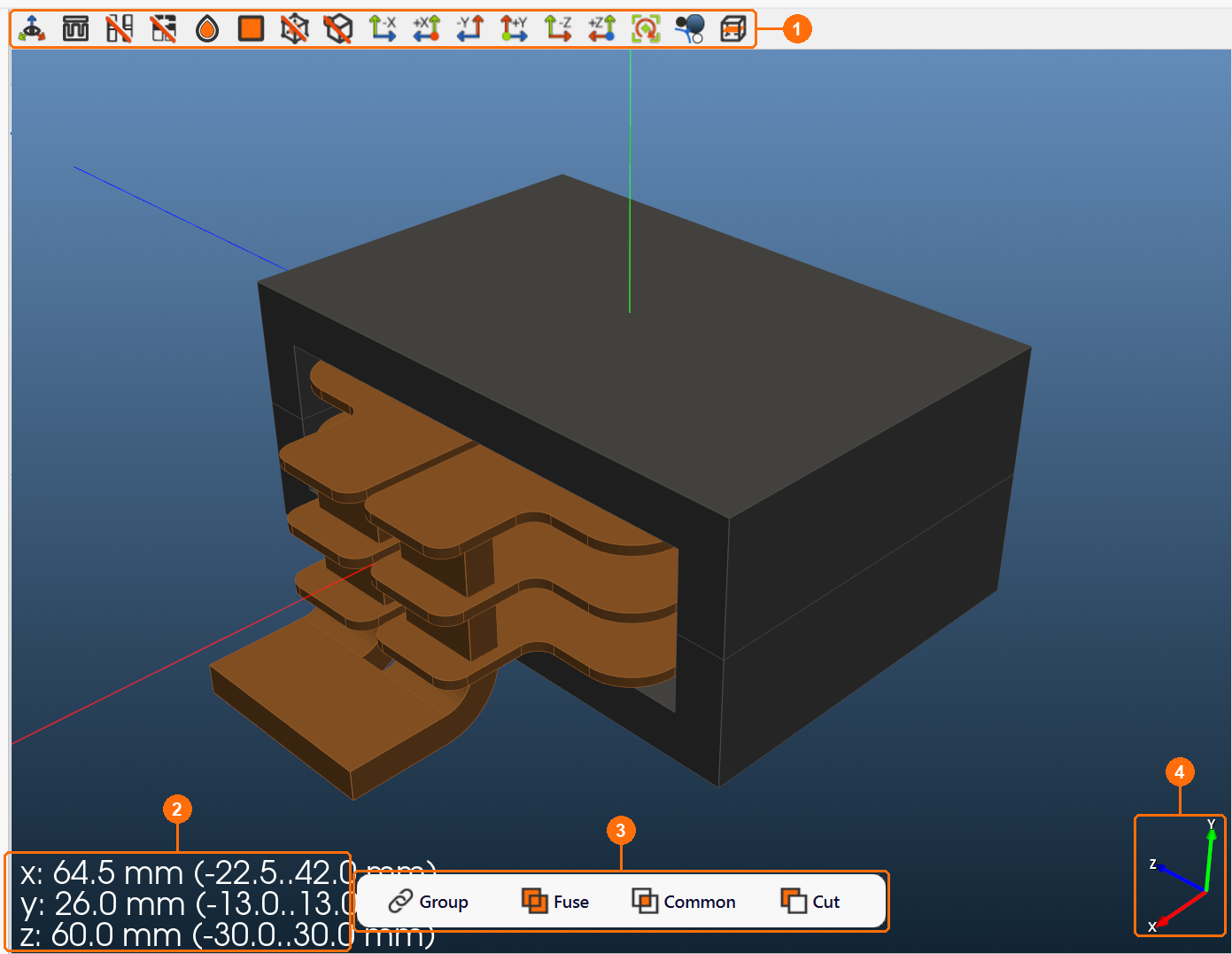 3D view of the Coil tab with the core shown, callouts 1 toolbar, 2 dimension readout, 3 Group, Fuse, Common and Cut, 4 axis triad