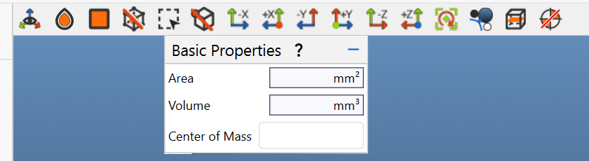 Cad Editor toolbar with the Basic Properties panel showing Area, Volume and Center of Mass