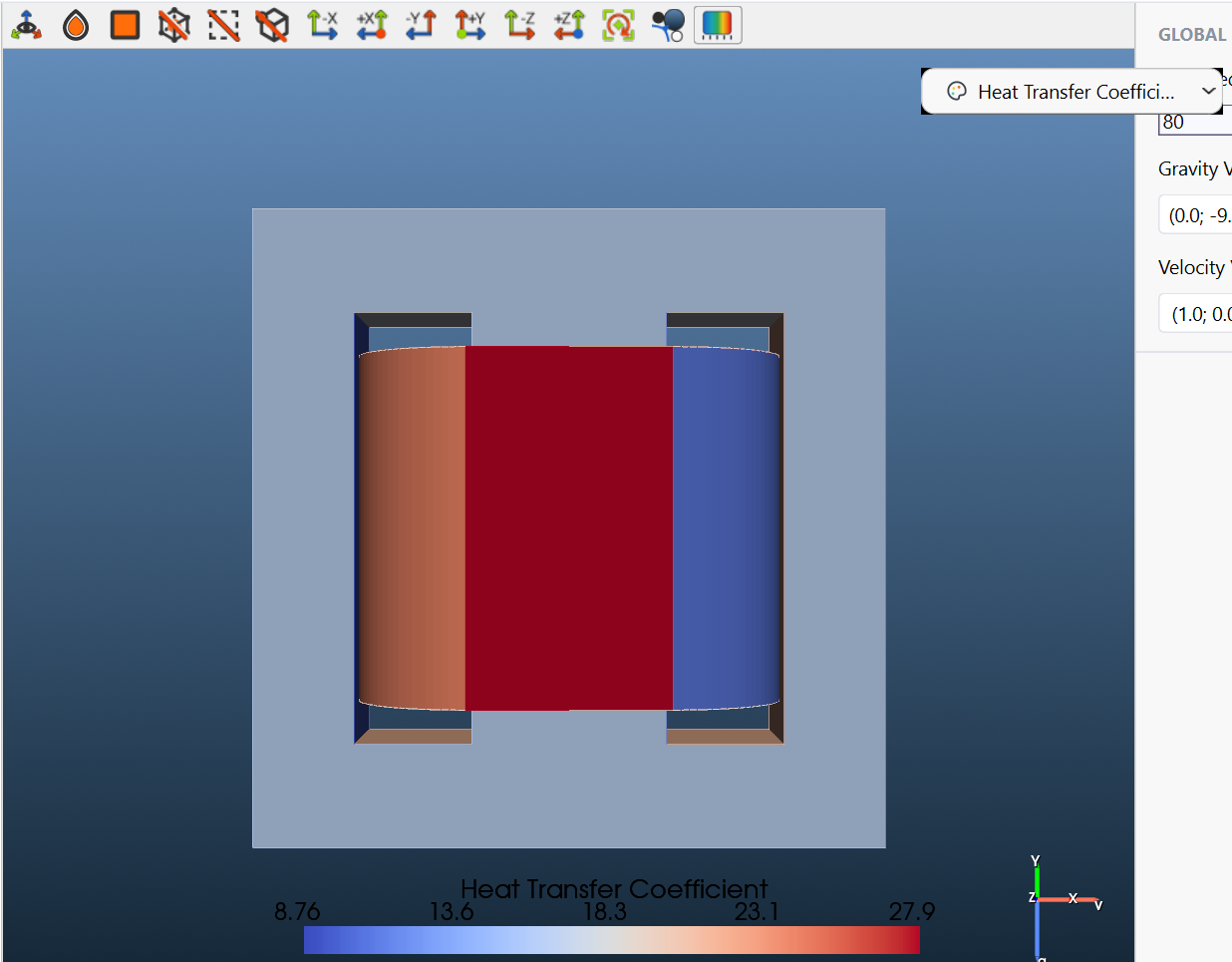 Heat tab with the Color Filter set to Heat Transfer Coefficient, faces coloured from 8.76 to 27.9 with a colour bar