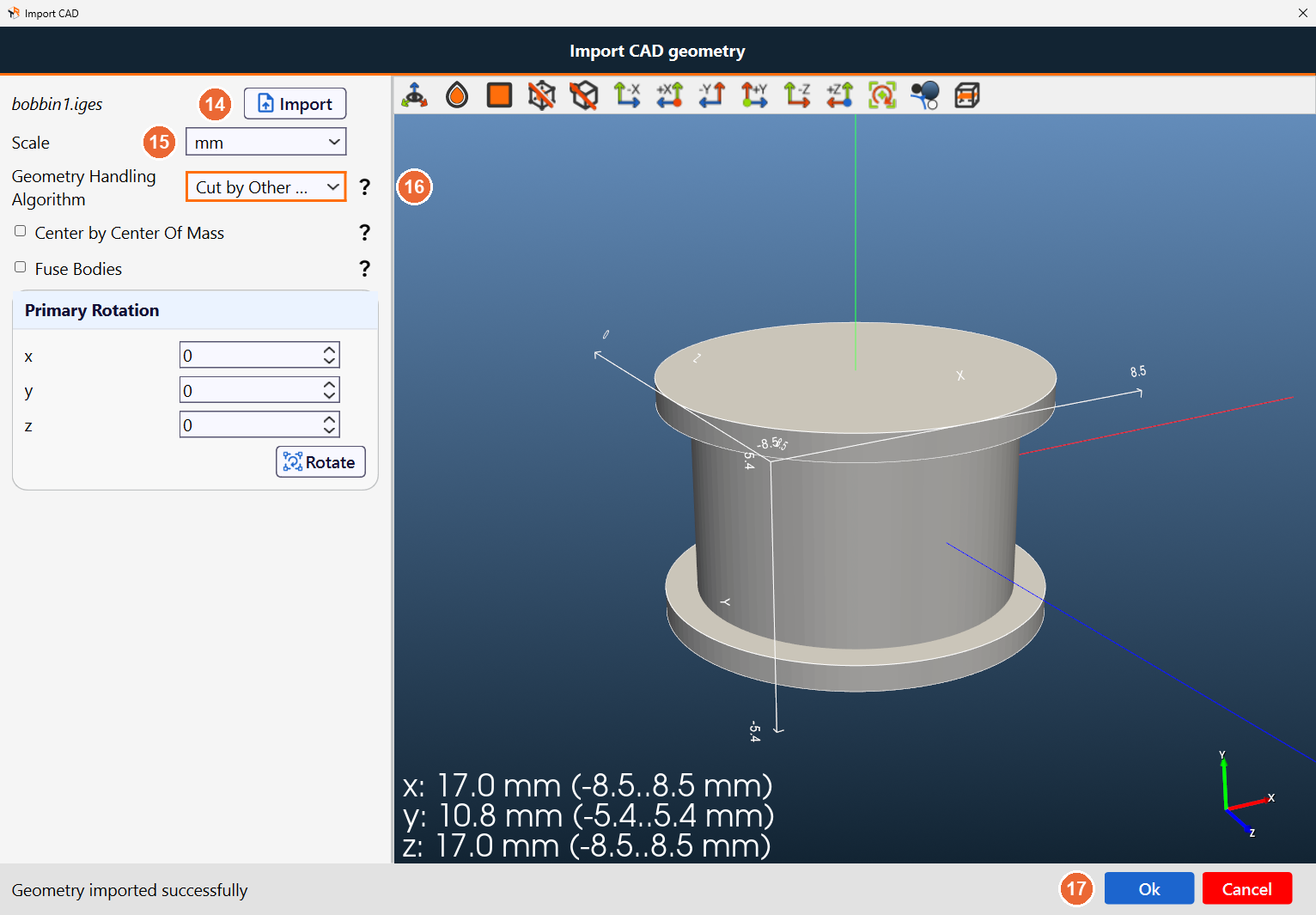 Import CAD dialog for a bobbin group with the Geometry Handling Algorithm set to Cut by Other Objects and the imported bobbin of the Flyback Transformer in the 3D view