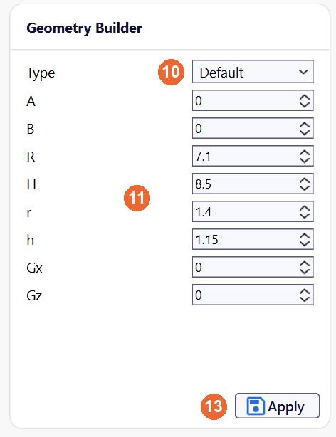 Geometry Builder panel with Type Default and the dimensions A, B, R, H, r, h, Gx and Gz of the bobbin
