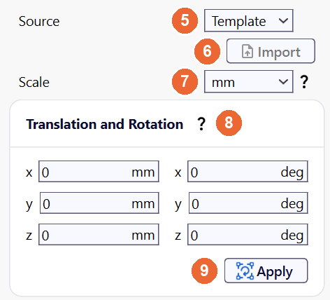 Group settings of Group1bobbin with Source set to Template, Scale in mm and zero translation and rotation