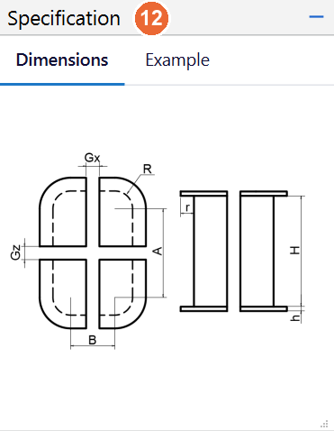 Specification panel with the dimension sketch of the Default bobbin, top and side views with the letters A, B, R, H, r, h, Gx and Gz