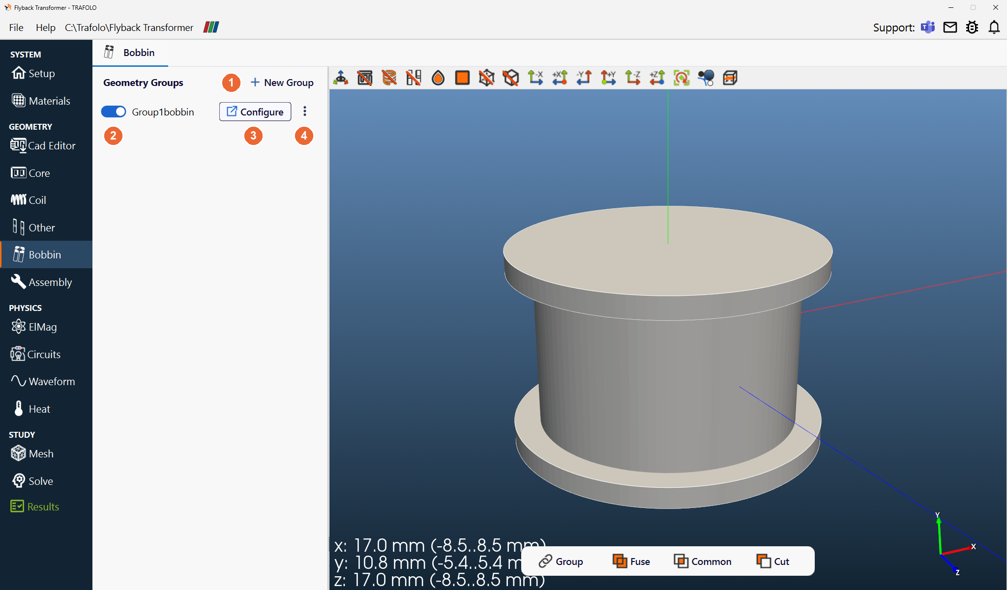 Bobbin tab of the Flyback Transformer template with the group Group1bobbin and an angled 3D view of the bobbin alone