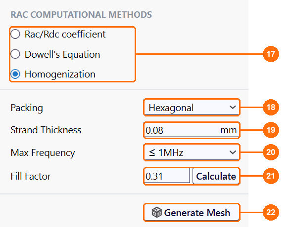 Configure Wire with Homogenization selected, callouts 17 to 22 for the methods, Packing, Strand Thickness, Max Frequency, Fill Factor and Calculate, Generate Mesh
