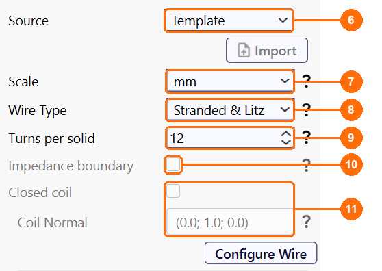 Coil group settings with callouts 6 to 11 for Source, Scale, Wire Type, Turns per solid, Impedance boundary, Closed coil and Coil Normal