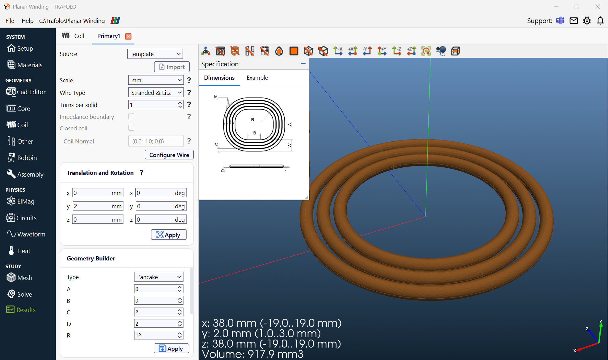 Group tab of Primary1 with Source Template, the Geometry Builder set to Pancake, the Specification panel with the dimension sketch and the 3D view of the three-turn pancake