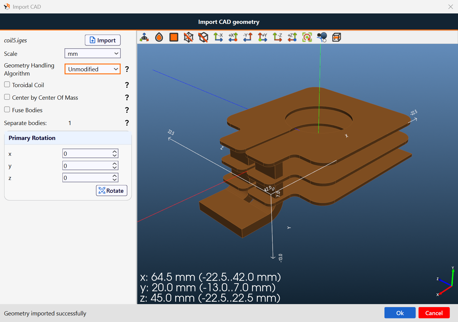 Import CAD dialog with coil5.iges loaded, the import options on the left and the 3D view with the bounding box on the right
