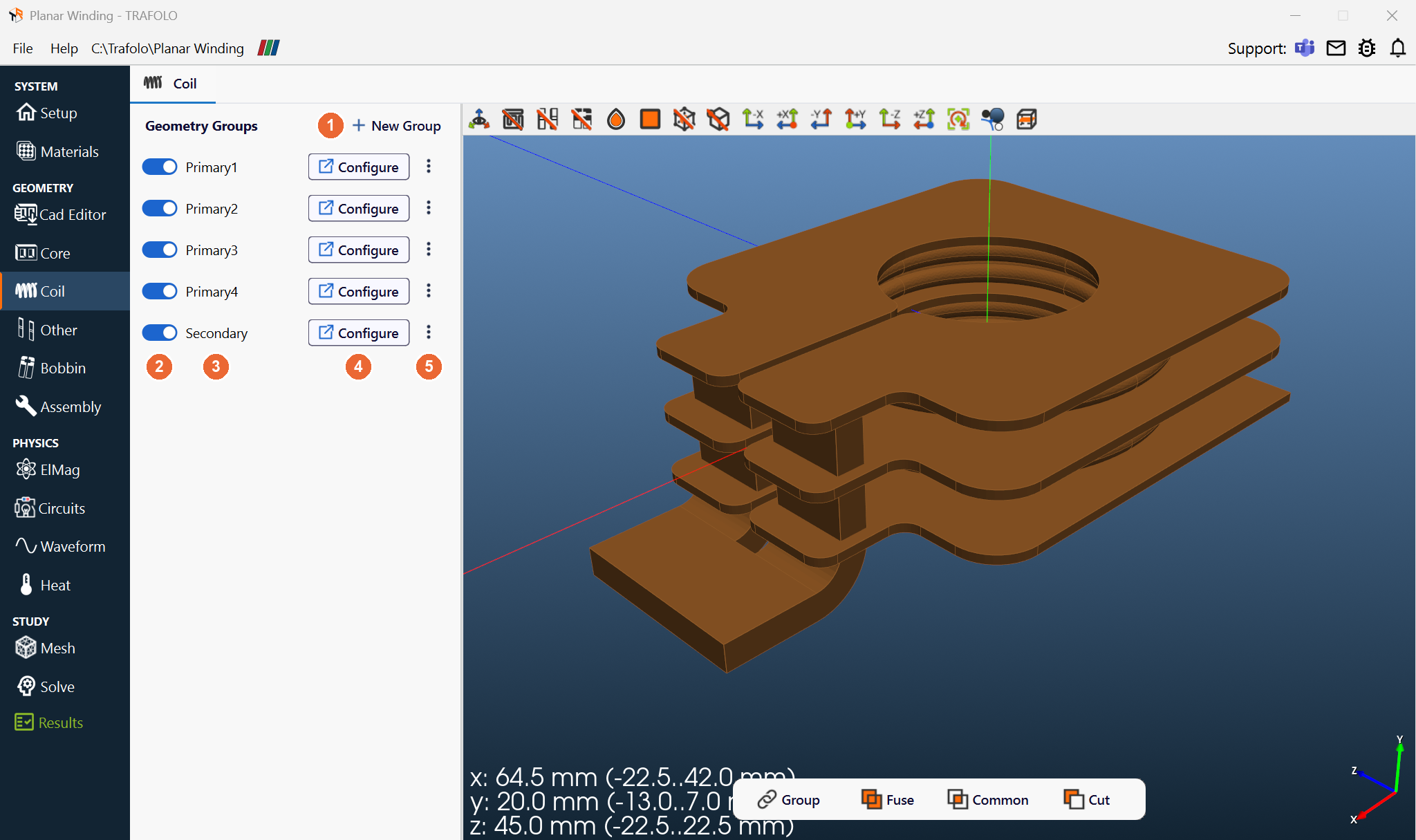 Coil tab of the Planar Winding template with the groups Primary1 to Primary4 and Secondary on the left and an angled 3D view of the winding on the right