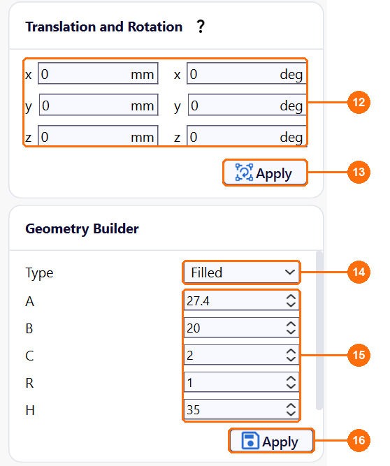 Translation and Rotation fields and Apply button (12, 13), Geometry Builder type, dimension fields and Apply button (14 to 16)