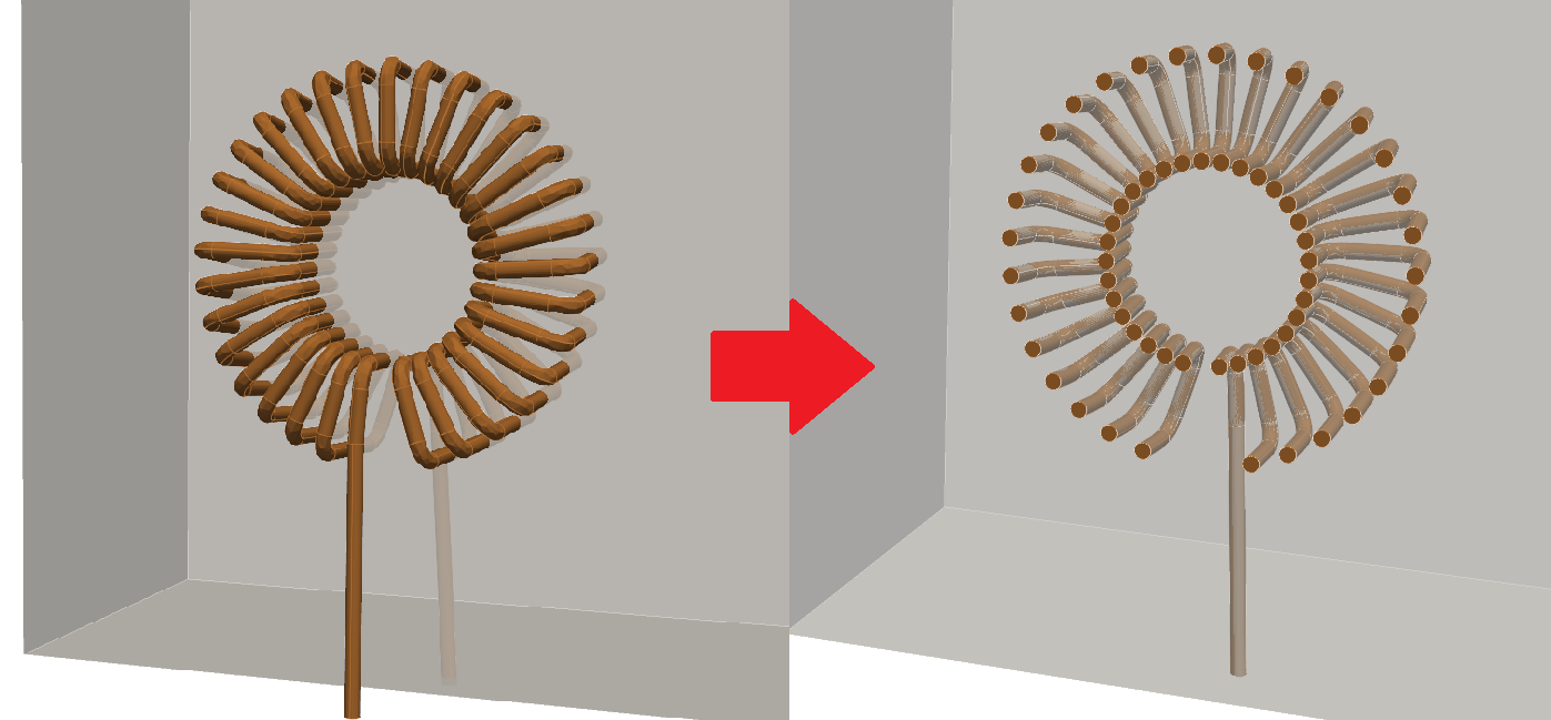 A toroidal coil imported as one object, and the same coil split into separate turns by the symmetry cut