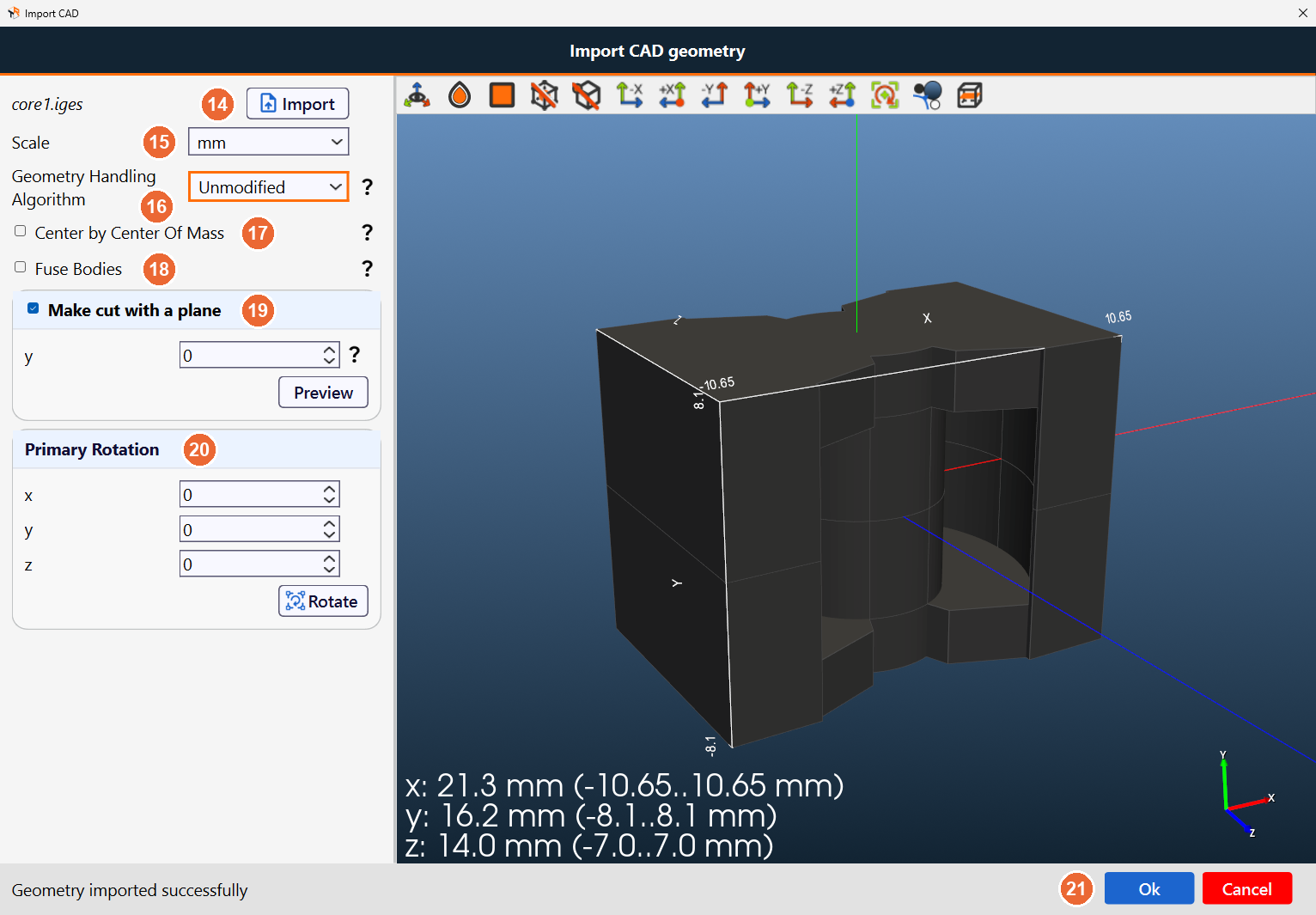 Import CAD dialog for a core with the import options on the left and the 3D view of the imported core on the right