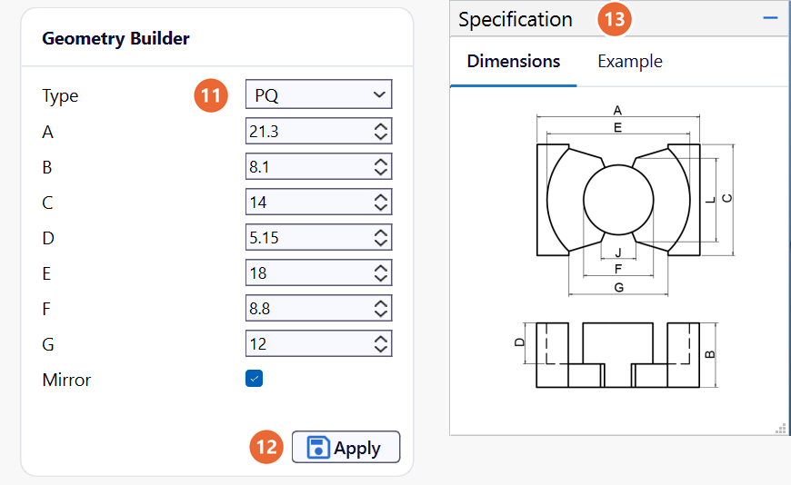 Geometry Builder panel with Type PQ, dimensions A to G, Mirror and Apply, next to the Specification panel with the PQ dimension sketch