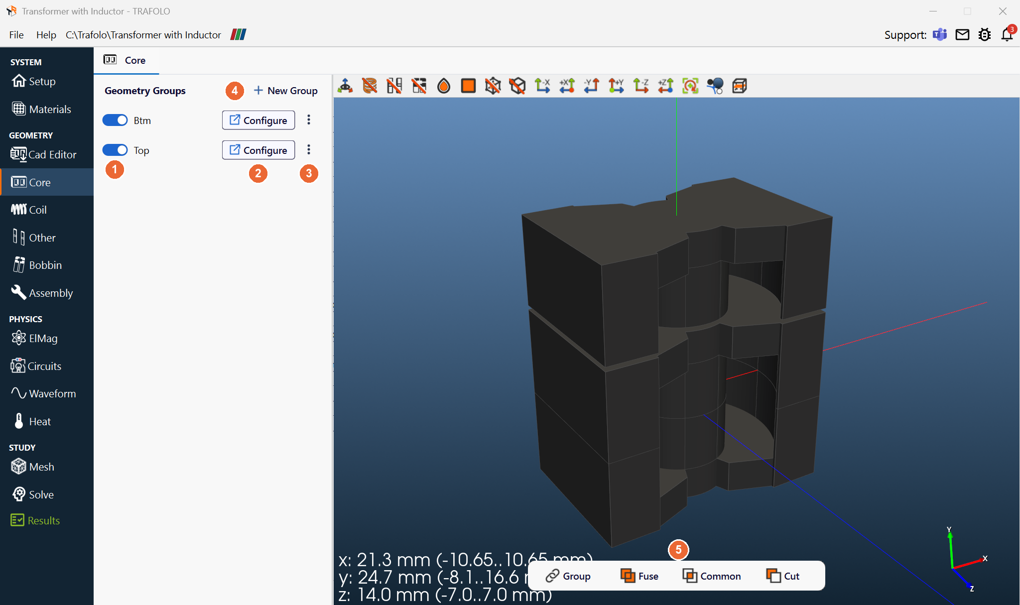 Core tab of the Transformer with Inductor template with the core groups Btm and Top and an angled 3D view of the two stacked cores