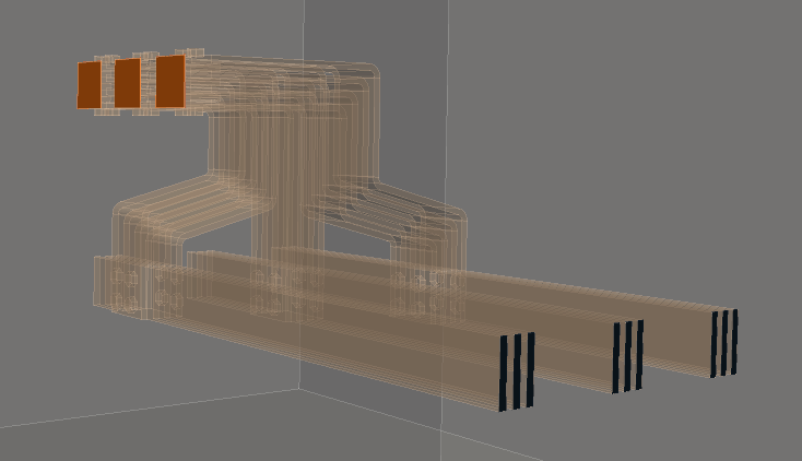 Busbars with a positive terminal in orange and a negative terminal in black on each conductor