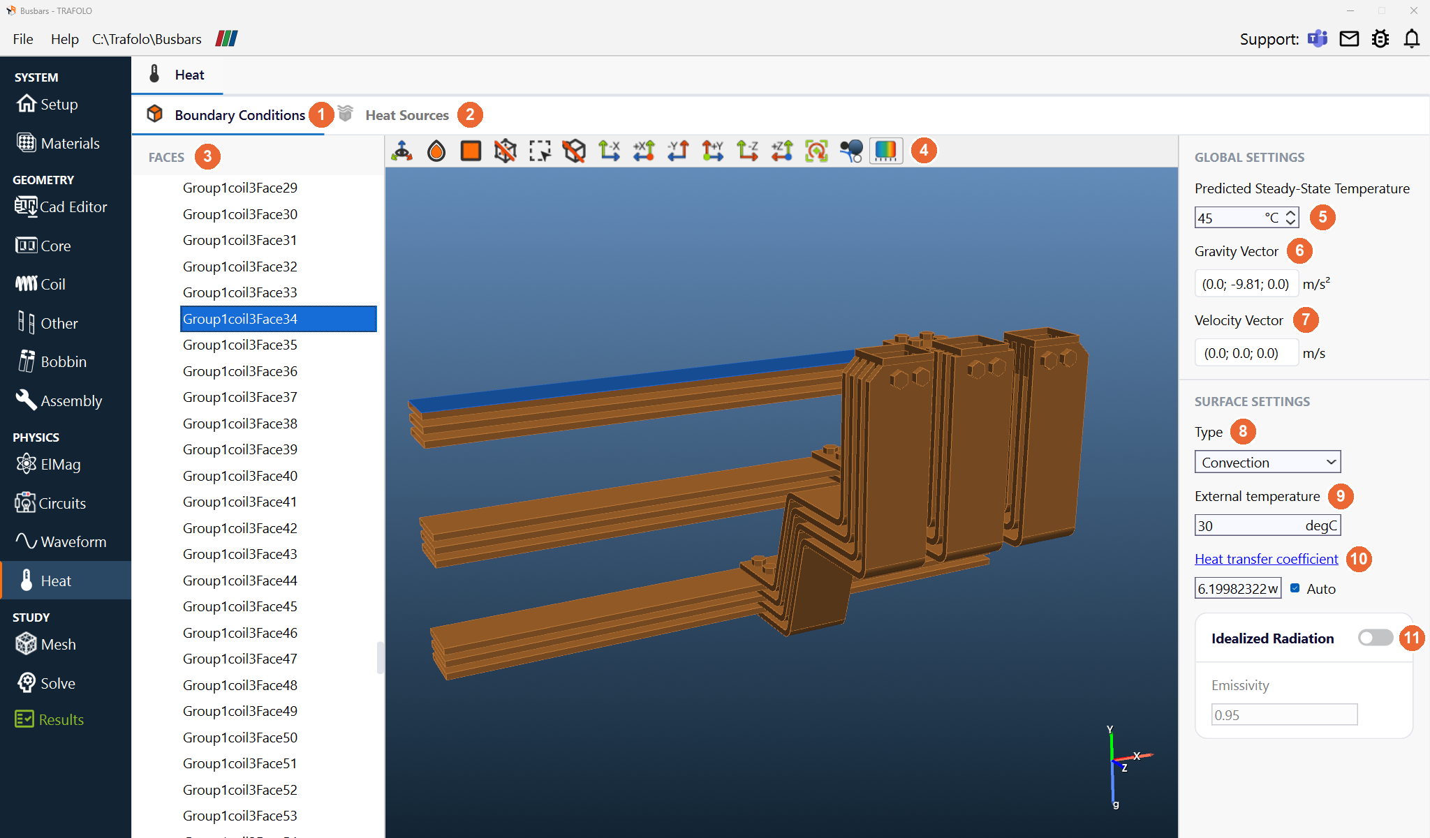 Heat tab with the busbar face Group1coil3Face34 selected in the FACES list and highlighted in an angled 3D view of the busbars, and the surface settings of that face