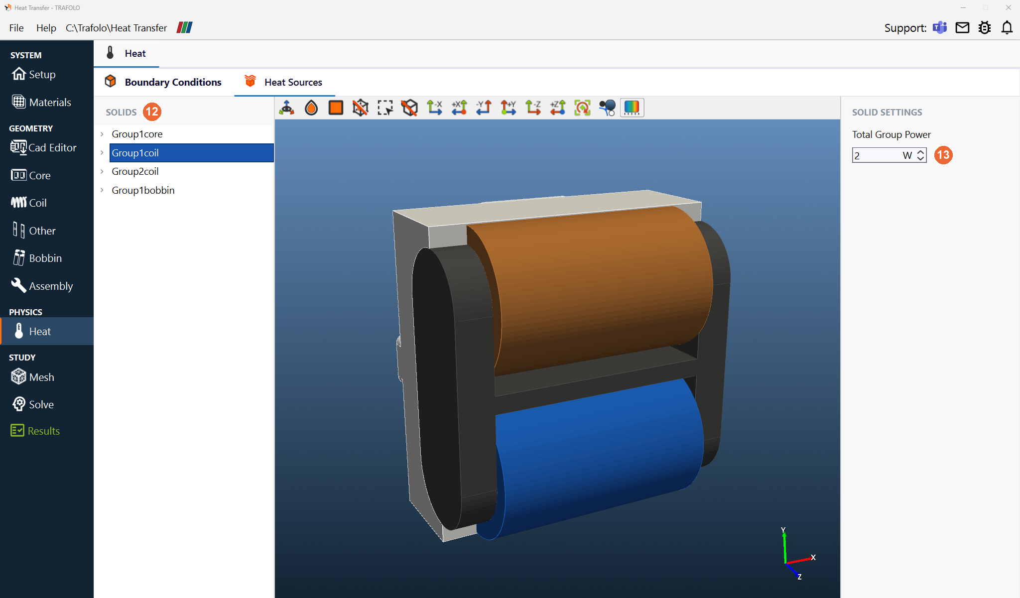 Heat Sources tab with the SOLIDS list, the selected coil group shown in blue in the 3D view and its Total Group Power of 2 W