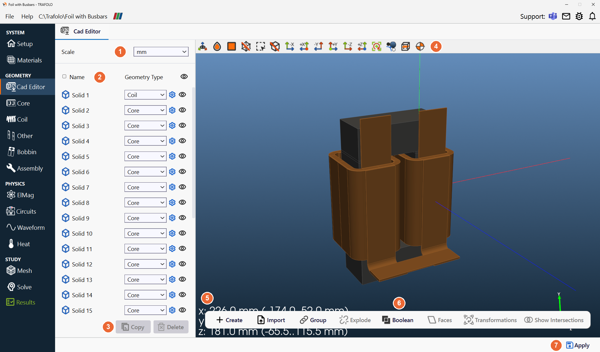 Cad Editor tab with imported solids, each with its Geometry Type Coil or Core, the foil windings, busbars and core in an angled 3D view, and the toolbar with Create, Import, Group, Explode, Boolean, Faces, Transformations and Show Intersections