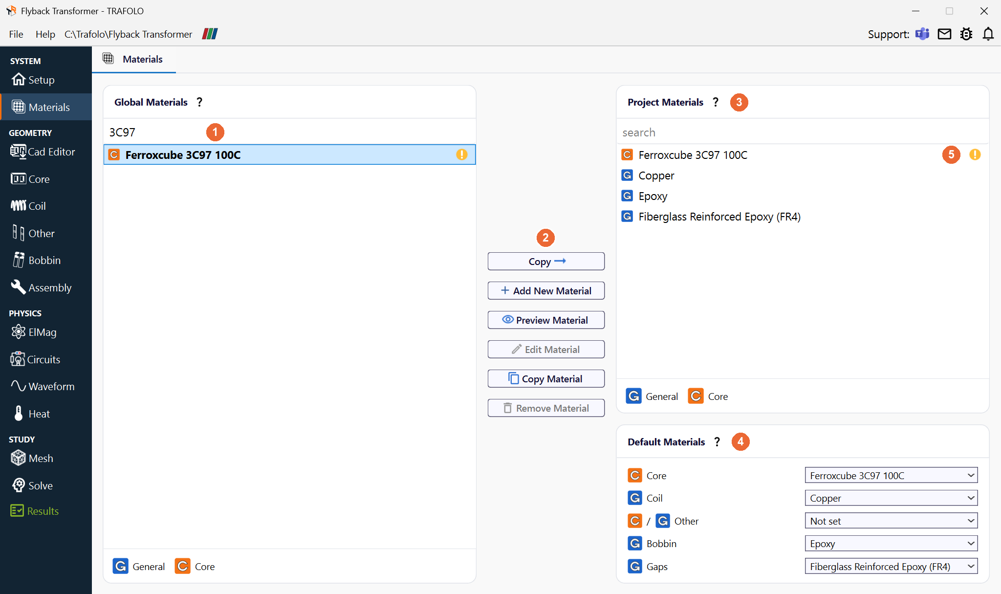 Materials tab with the Global Materials search for 3C97, the material selected, the Copy button pointing to Project Materials, the four project materials and the Default Materials