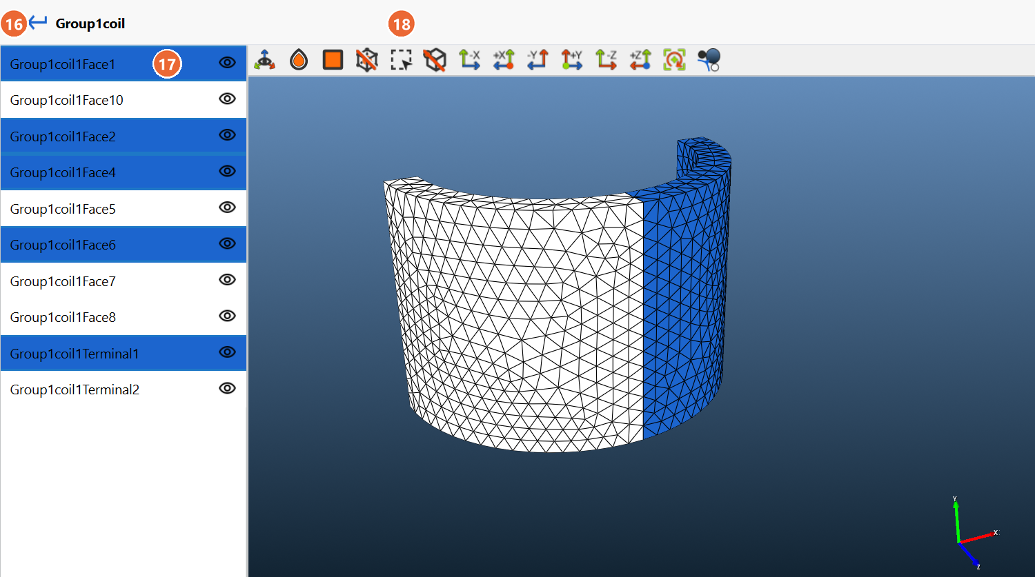 Face list of Group1coil with the selected faces and Terminal1 highlighted in blue and the meshed coil with the same faces in blue in the 3D view