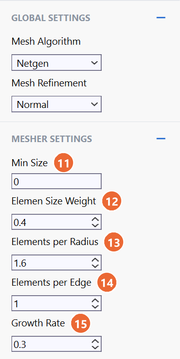 Global settings with Netgen and Normal refinement and the expanded Netgen mesher settings with Min Size, Element Size Weight, Elements per Radius, Elements per Edge and Growth Rate
