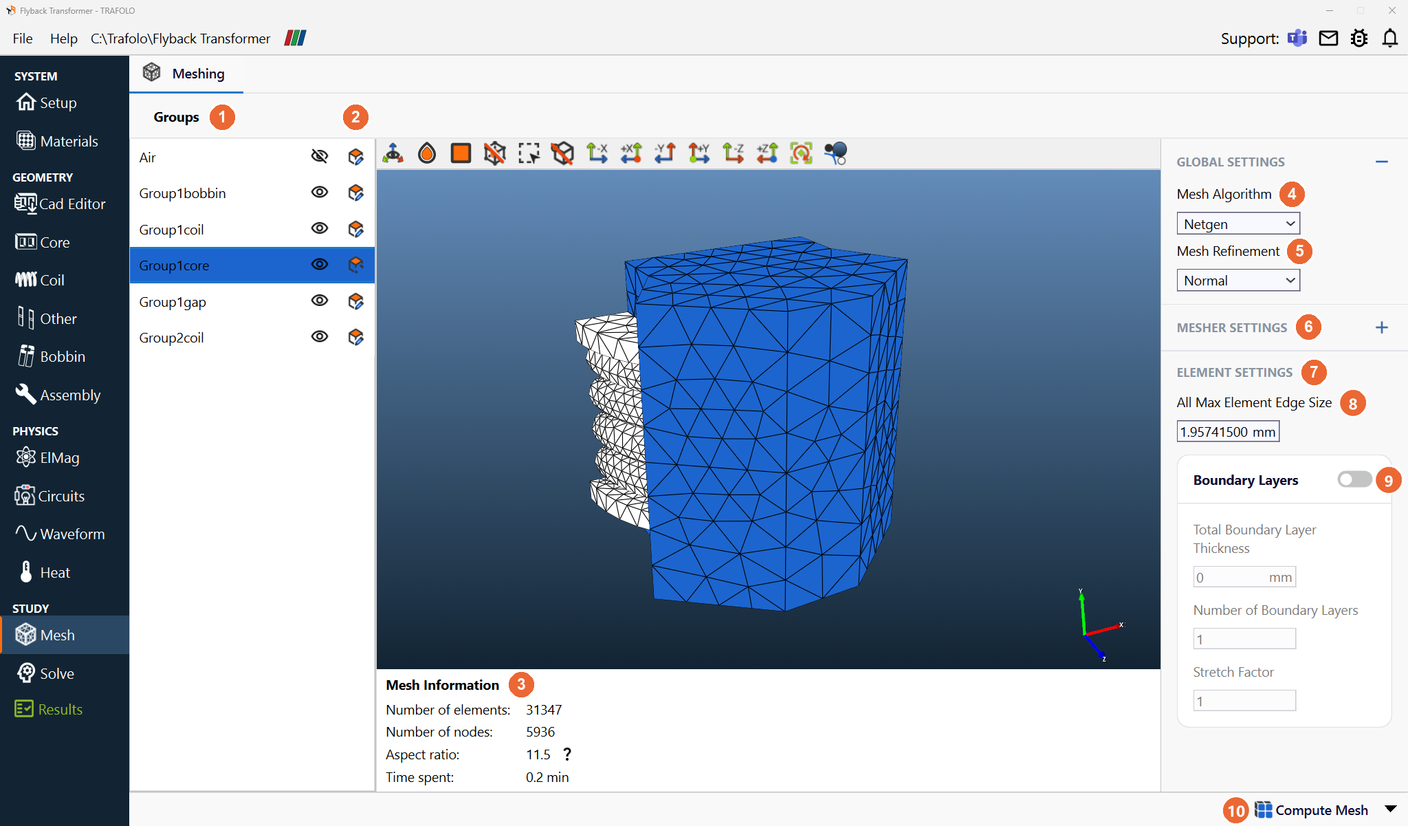 Mesh tab of the Flyback Transformer template with the core selected in blue in the 3D view and in the Groups list, its element settings and the mesh information