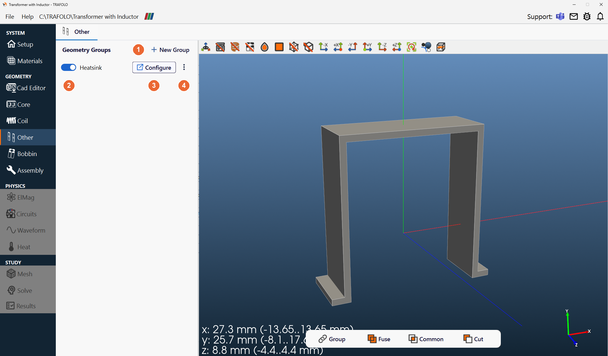 Other tab of the Transformer with Inductor template with the group Heatsink and an angled 3D view of the heat sink