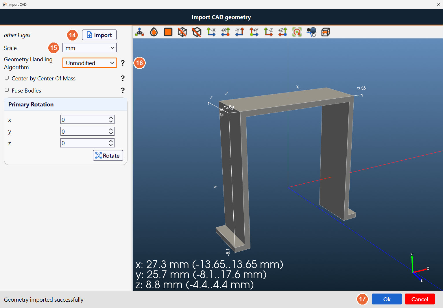 Import CAD dialog for an Other group with the heat sink of Transformer with Inductor imported and shown in the 3D view
