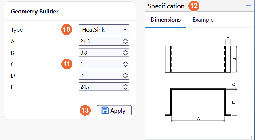Geometry Builder panel with Type HeatSink and the dimensions A to E next to the Specification panel with the heat sink sketch