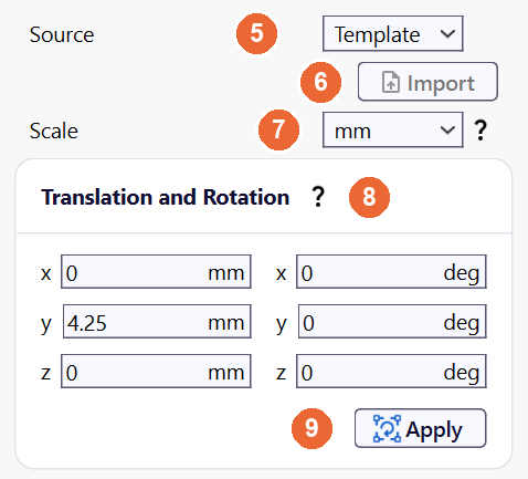 Settings of the group Heatsink with Source Template, the Import button, Scale mm and the Translation and Rotation fields with y 4.25 mm