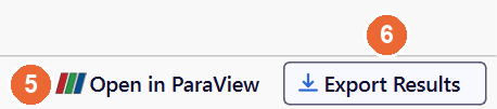 Open in ParaView and Export Results buttons at the bottom right of the Results tab