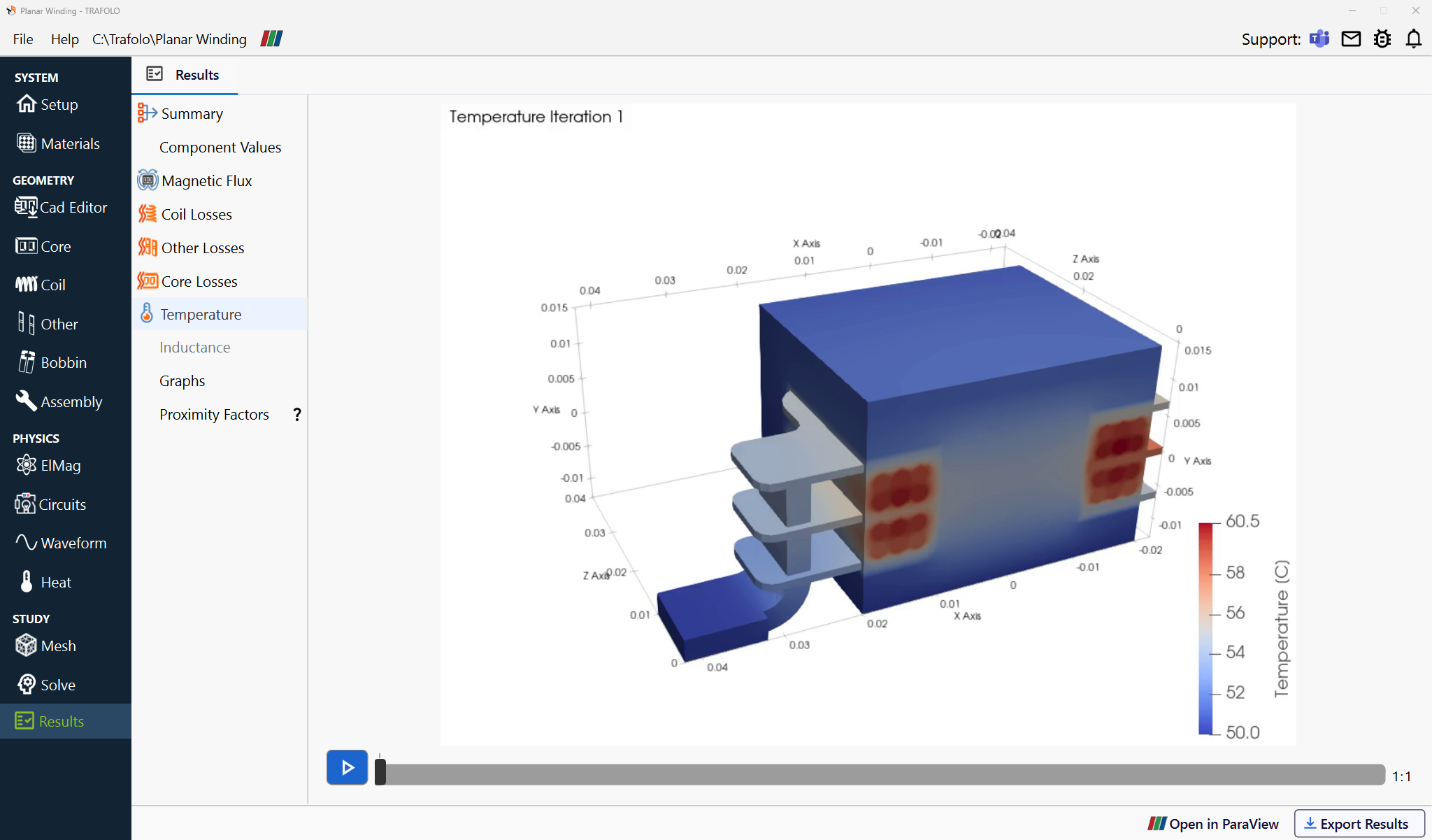 Temperature view of the Planar Winding template with the core and the windings coloured from 50 to 60.5 degrees Celsius