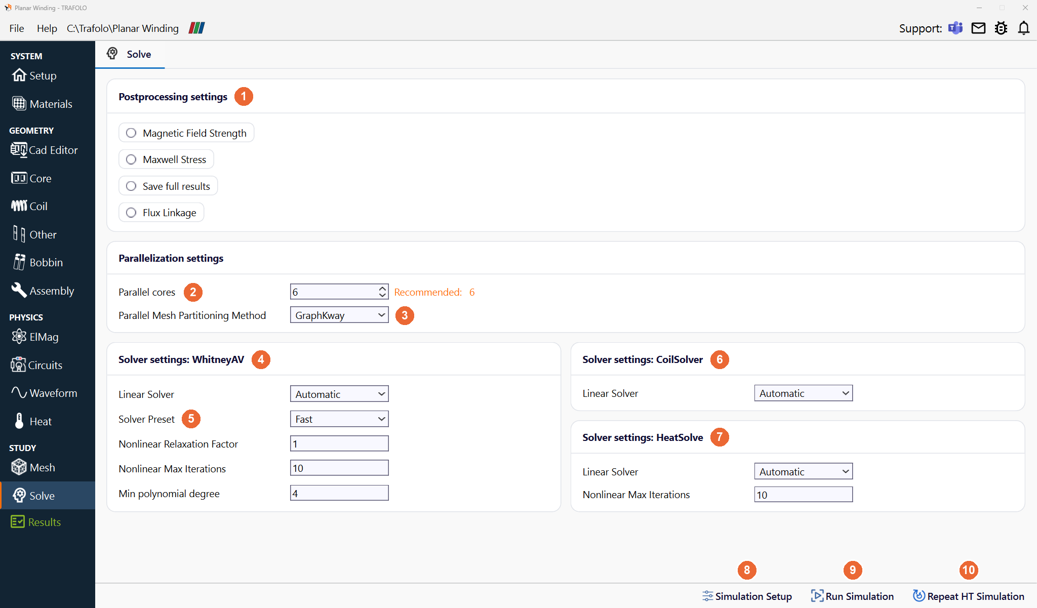 Solve tab with the postprocessing, parallelization and solver settings and the Simulation Setup, Run Simulation and Repeat HT Simulation buttons