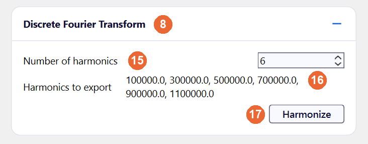 Discrete Fourier Transform panel with Number of harmonics 6, the six frequencies to export and the Harmonize button