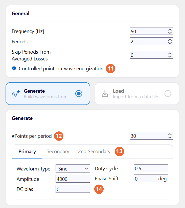 Generate settings with Controlled point-on-wave energization ticked, 30 points per period and the Primary tab with a sine of amplitude 4000