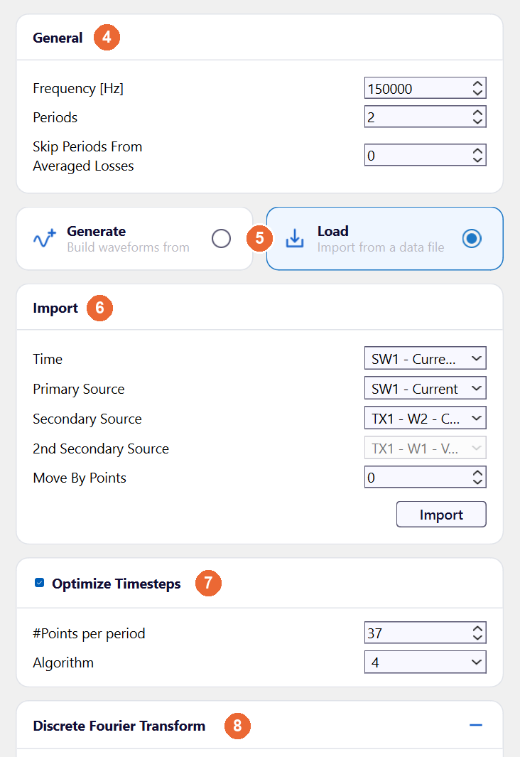 Transient settings column with General, Generate or Load set to Load, the Import column choices, Optimize Timesteps and the Discrete Fourier Transform header