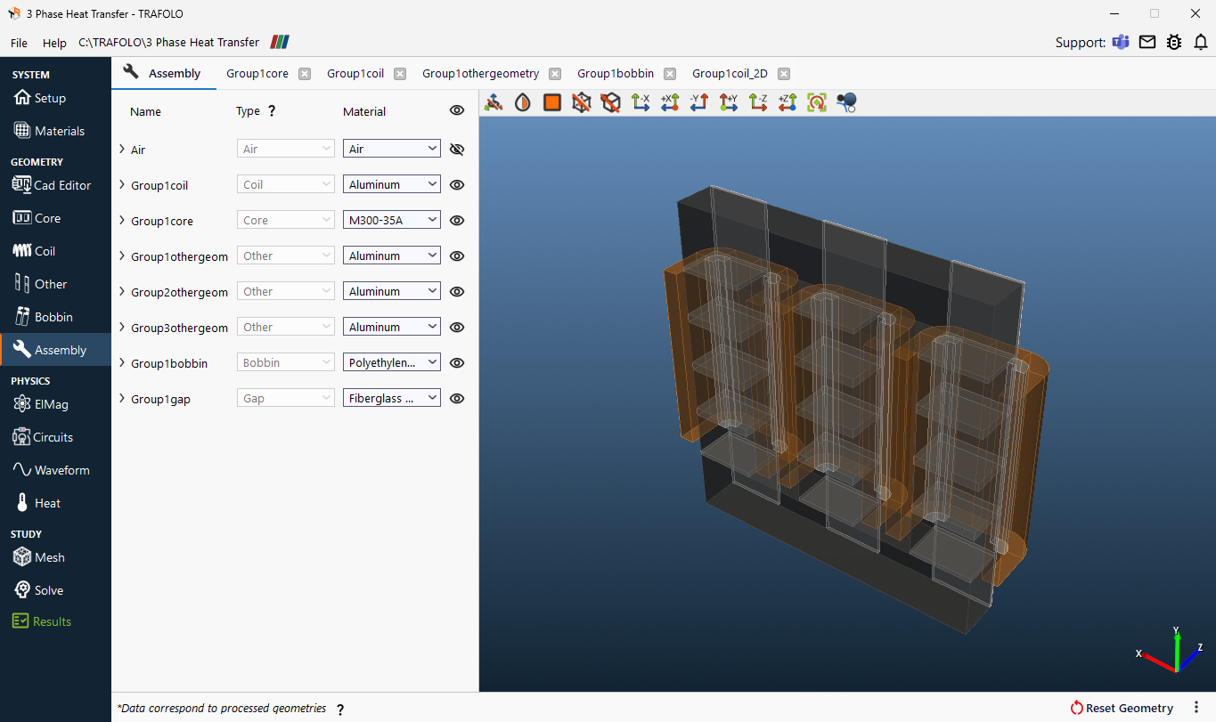 Assembly tab with the bodies and their materials, and the assembled half model in an angled 3D view