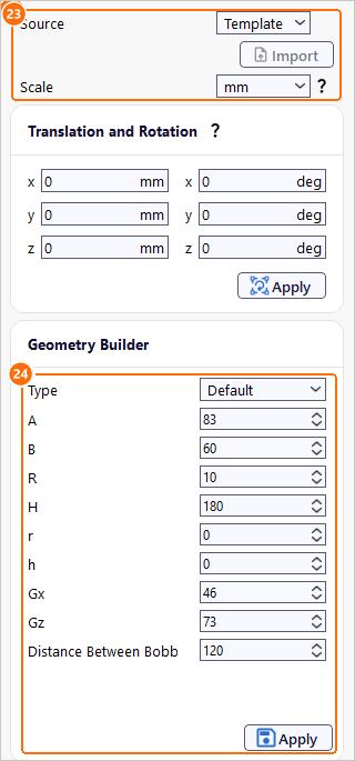 Group1bobbin settings with the Default bobbin dimensions including Gx 46 and Gz 73