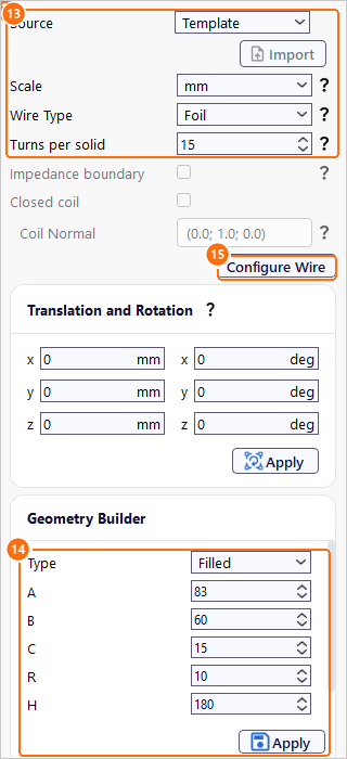 Group1coil settings with Foil wire, 15 turns per solid, the Filled dimensions and Configure Wire