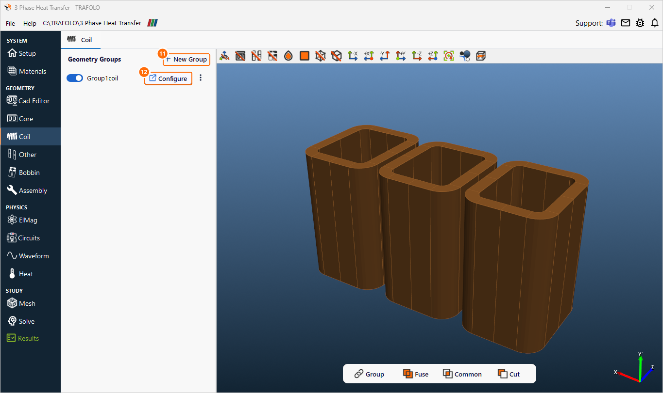 Coil tab with New Group and Configure, and the three foil windings in an angled 3D view
