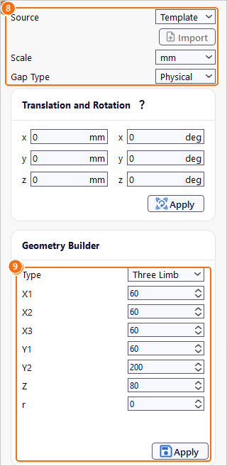 Group1core settings with Source Template, Scale mm, Gap Type Physical and the Three Limb dimensions