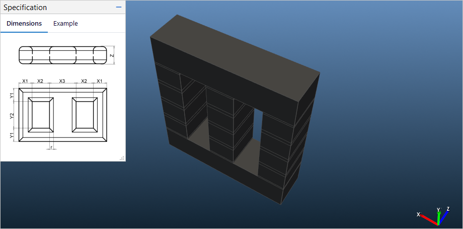 Gapped three-limb core in an angled 3D view next to the dimension drawing